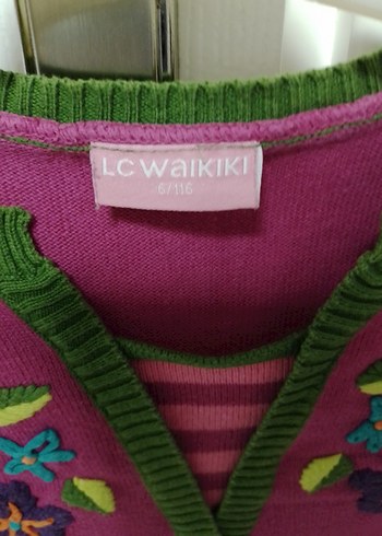 Nakışlı, V Yakalı Kız Çocuk Pembe Triko Elbise - Görsel 3