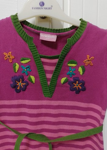 Nakışlı, V Yakalı Kız Çocuk Pembe Triko Elbise - Görsel 2