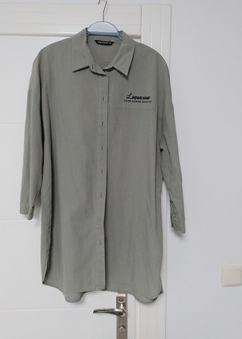 Kadın Keten Gömlek, Düğmeli, Uzun Kol, Haki - Görsel 2