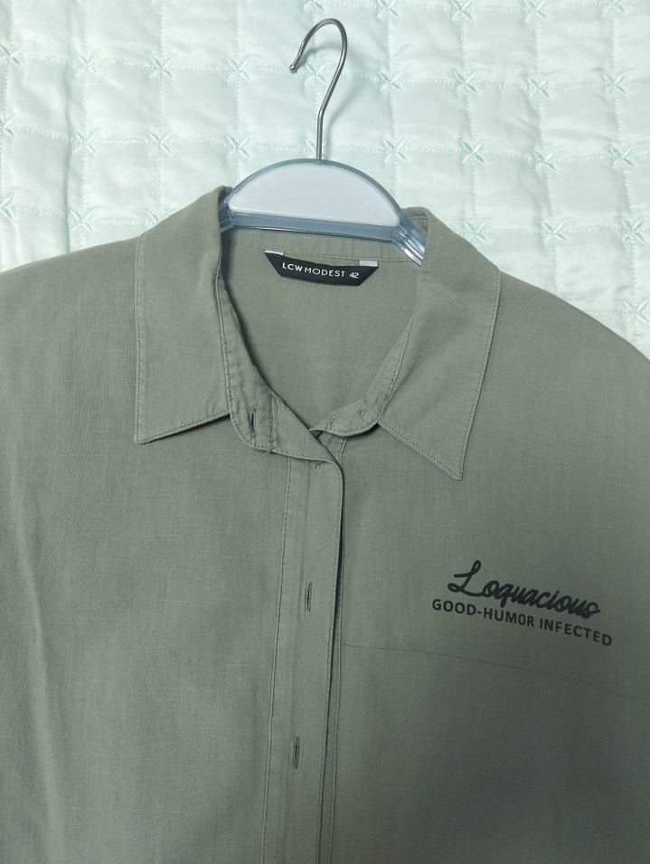 Kadın Keten Gömlek, Düğmeli, Uzun Kol, Haki - Görsel 3