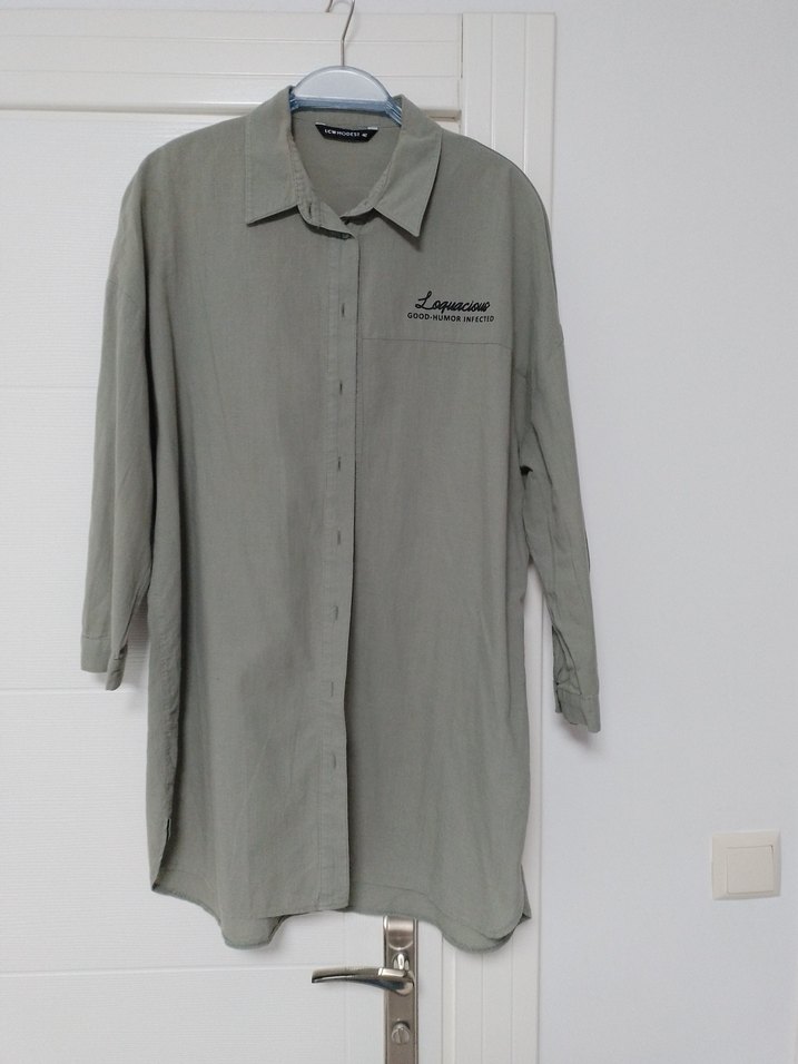 Kadın Keten Gömlek, Düğmeli, Uzun Kol, Haki - Görsel 2