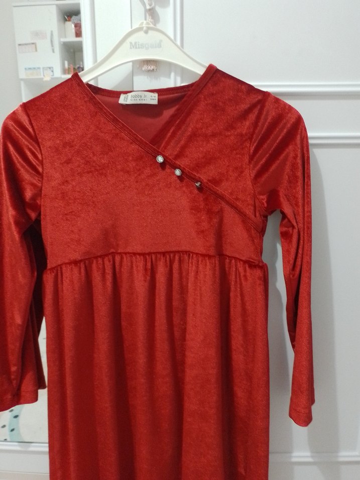 Kız Çocuk Kırmızı V Yaka Uzun Kollu Elbise - Görsel 2