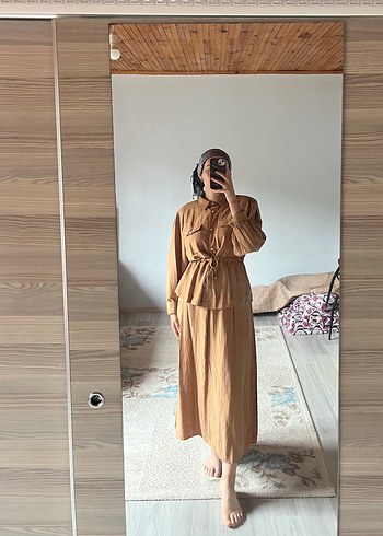 Camel Renkli Uzun Keten Elbise