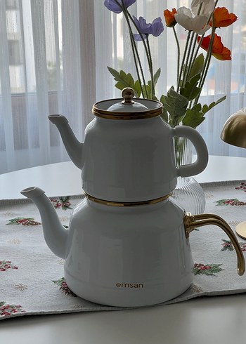 Emsan Beyaz Emaye Çaydanlık Takımı
