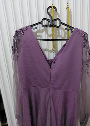 Mor Uzun Drapeli İşlemeli Abiye Elbise - Görsel 3