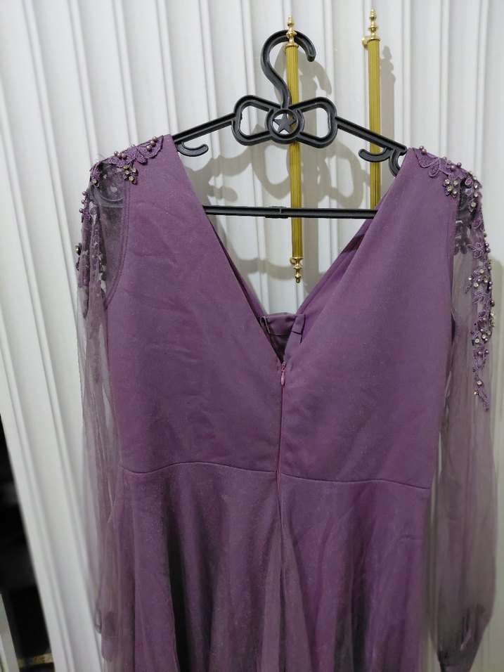 Mor Uzun Drapeli İşlemeli Abiye Elbise - Görsel 3