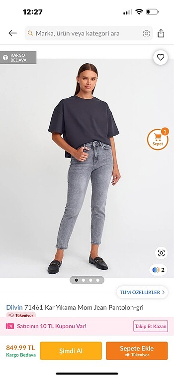 34 Beden gri Renk Kot pantolon