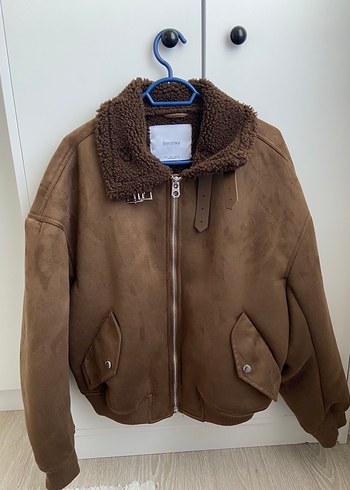 Bershka Kahverengi Süet Kürklü Kadın Bomber Mont