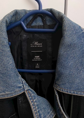 s Beden Mavi Jeans Siyah Deri Biker Ceket Kot Yaka