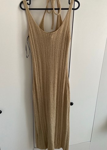 H&M Bej Triko Uzun Halter Yaka Elbise