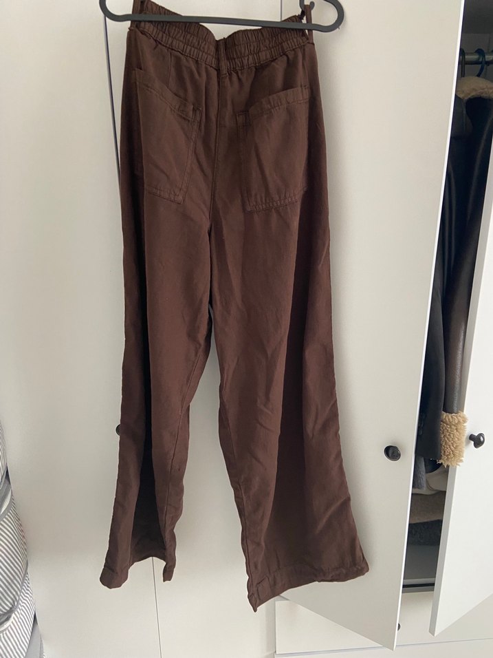 Zara Kahverengi Kemerli Salaş Kadın Keten Pantolon - Görsel 5