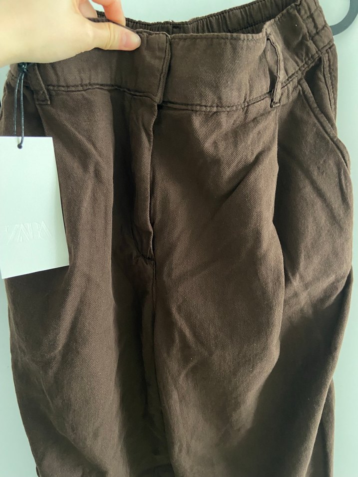 Zara Kahverengi Kemerli Salaş Kadın Keten Pantolon - Görsel 2