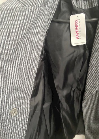 Gri Çizgili Düğmeli Kadın Kaşe Blazer - Görsel 4