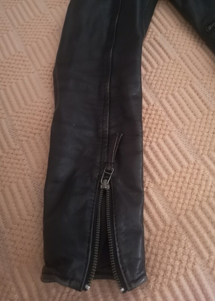 0 deri mavi kısa deri mont - Görsel 3