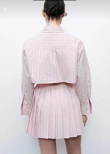 Pembe Pilili Kadın Gömlek Midi Etek Takım - Görsel 4