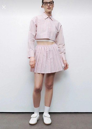 Pembe Pilili Kadın Gömlek Midi Etek Takım - Görsel 3