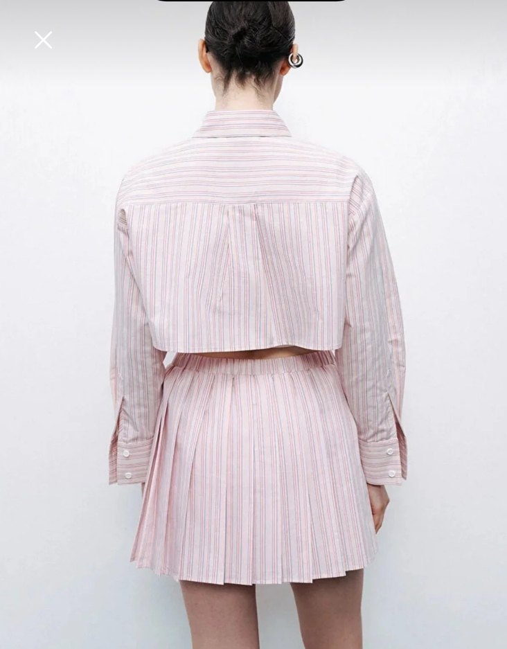 Pembe Pilili Kadın Gömlek Midi Etek Takım - Görsel 4