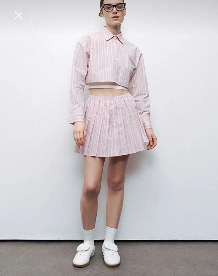 Pembe Pilili Kadın Gömlek Midi Etek Takım - Görsel 3