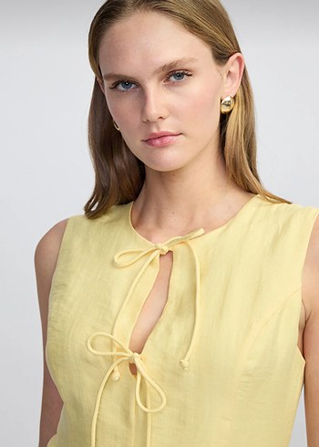 Sarı Kolsuz Mini Keten Elbise - Görsel 3