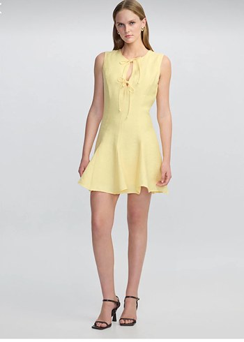 Sarı Kolsuz Mini Keten Elbise - Görsel 2