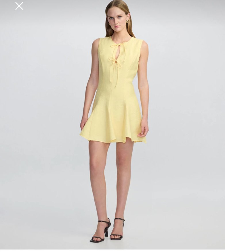 Sarı Kolsuz Mini Keten Elbise - Görsel 2