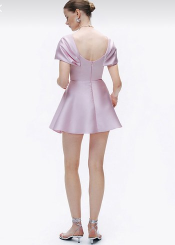 Pudra Pileli V Yakalı Mini Kadın Elbise - Görsel 5