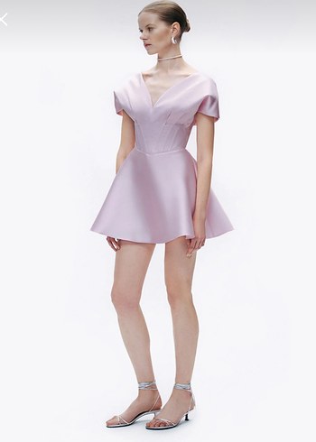 Pudra Pileli V Yakalı Mini Kadın Elbise - Görsel 4