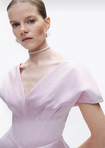 Pudra Pileli V Yakalı Mini Kadın Elbise - Görsel 3