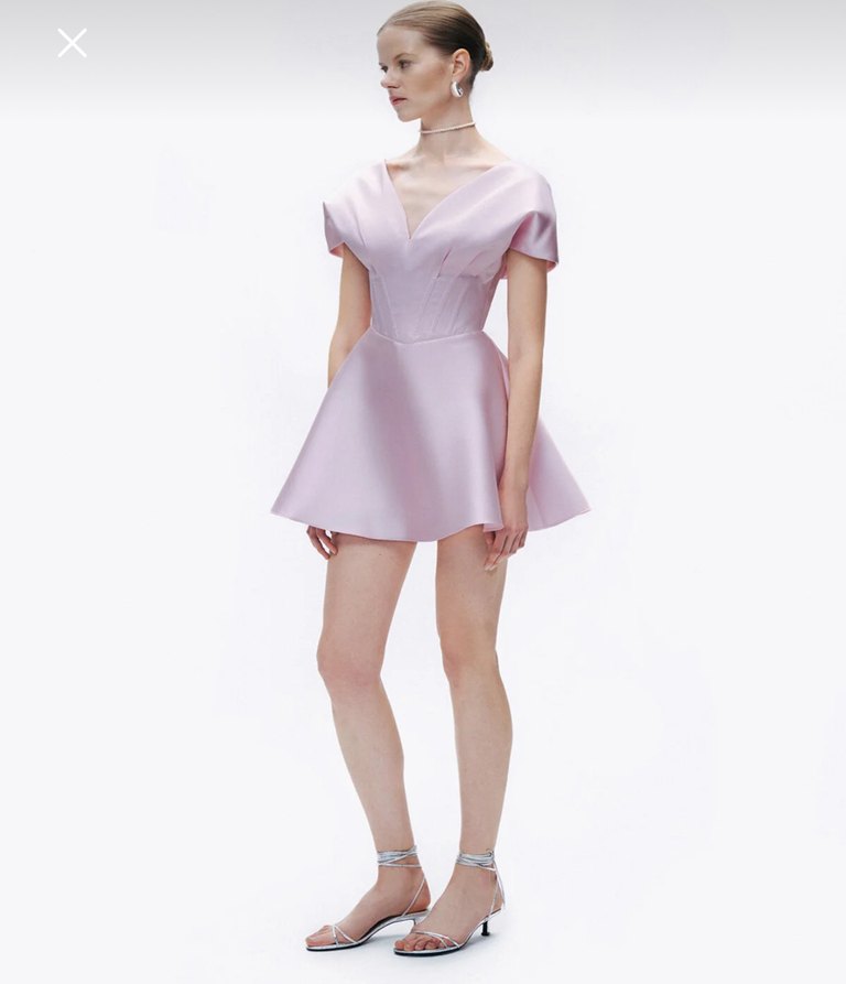 Pudra Pileli V Yakalı Mini Kadın Elbise - Görsel 4