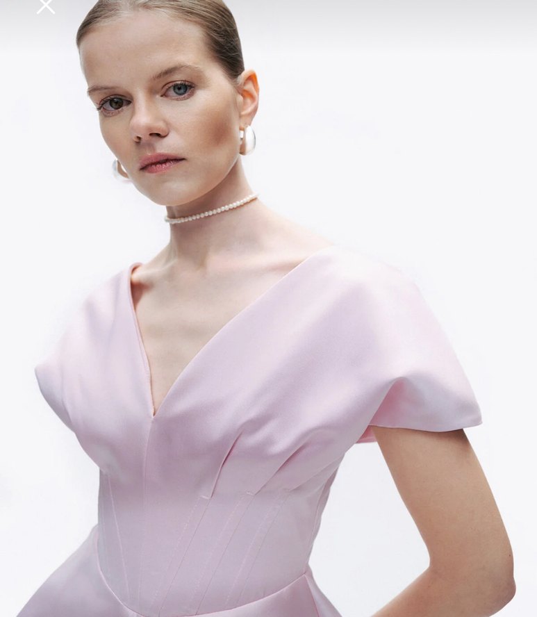 Pudra Pileli V Yakalı Mini Kadın Elbise - Görsel 3