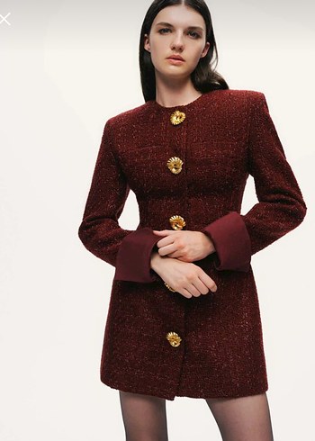 Düğmeli Bordo Mini Kadın Klasik Ceket - Görsel 2