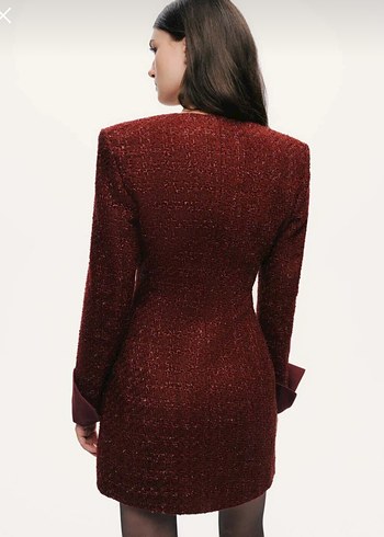 Düğmeli Bordo Mini Kadın Klasik Ceket - Görsel 3