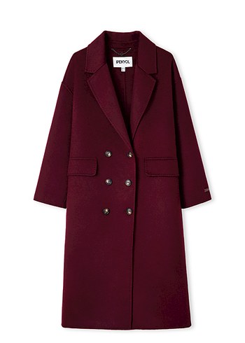 Bordo Çift Düğmeli Uzun Kaban - Görsel 6