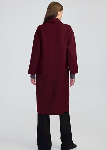 Bordo Çift Düğmeli Uzun Kaban - Görsel 5
