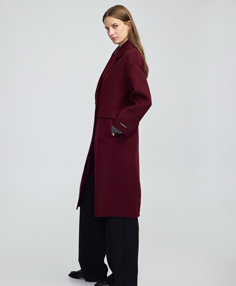 Bordo Çift Düğmeli Uzun Kaban - Görsel 3