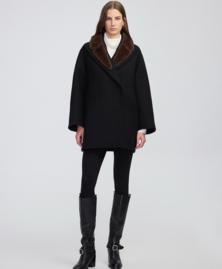 Kahverengi Kürklü Siyah Kaban - Görsel 2