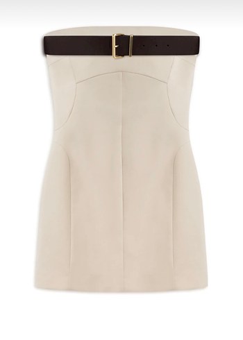 Beyaz Deri Kemerli Straplez Mini Elbise - Görsel 4