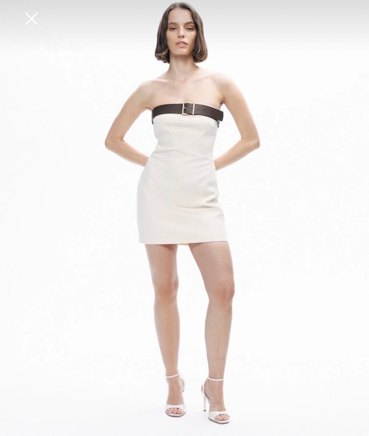 Beyaz Deri Kemerli Straplez Mini Elbise - Görsel 2