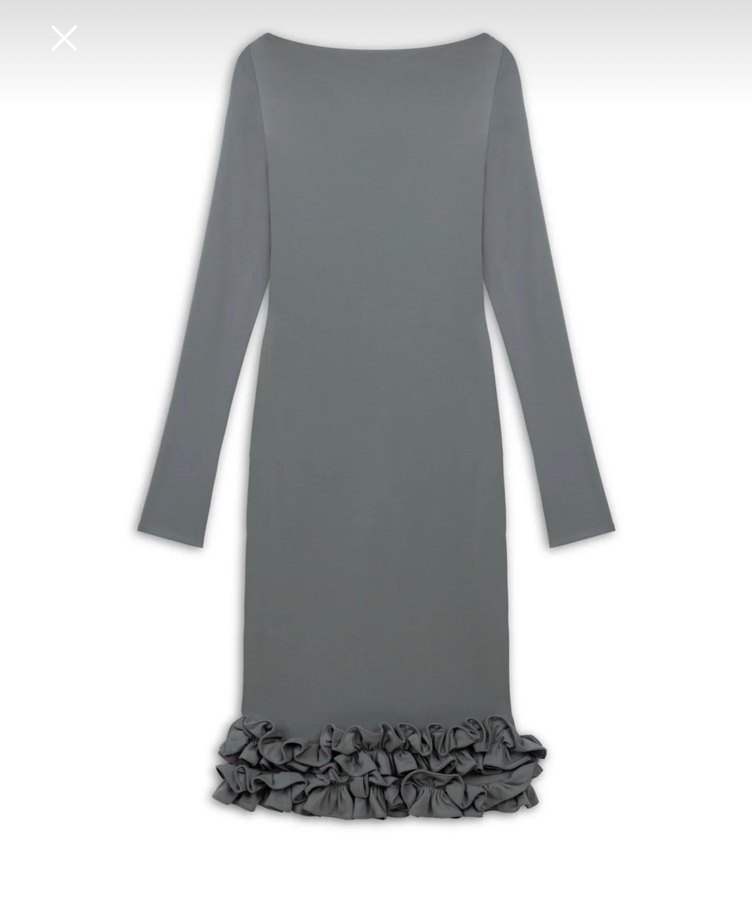 Gri Uzun Kollu Fırfırlı Kadın Kalem Elbise - Görsel 2