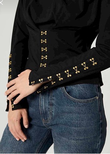 Düğmeli Siyah Denim Kadın Bluz - Görsel 5