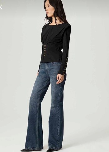 Düğmeli Siyah Denim Kadın Bluz - Görsel 3