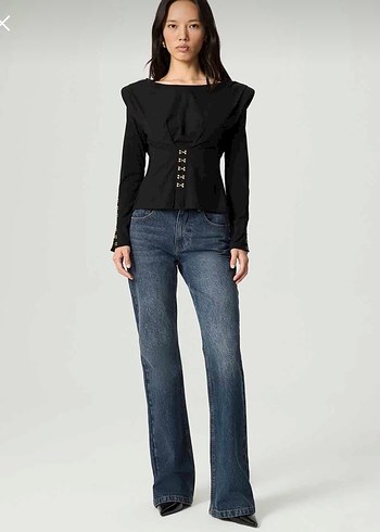 Düğmeli Siyah Denim Kadın Bluz - Görsel 2