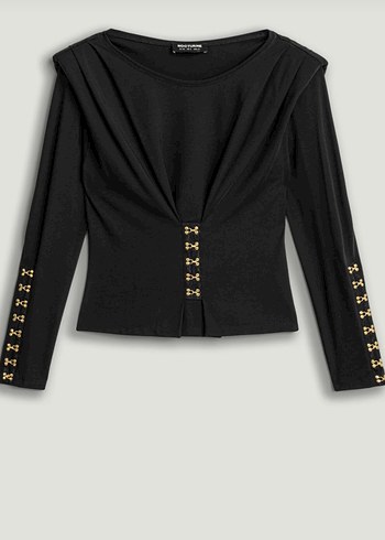 Düğmeli Siyah Denim Kadın Bluz - Görsel 8