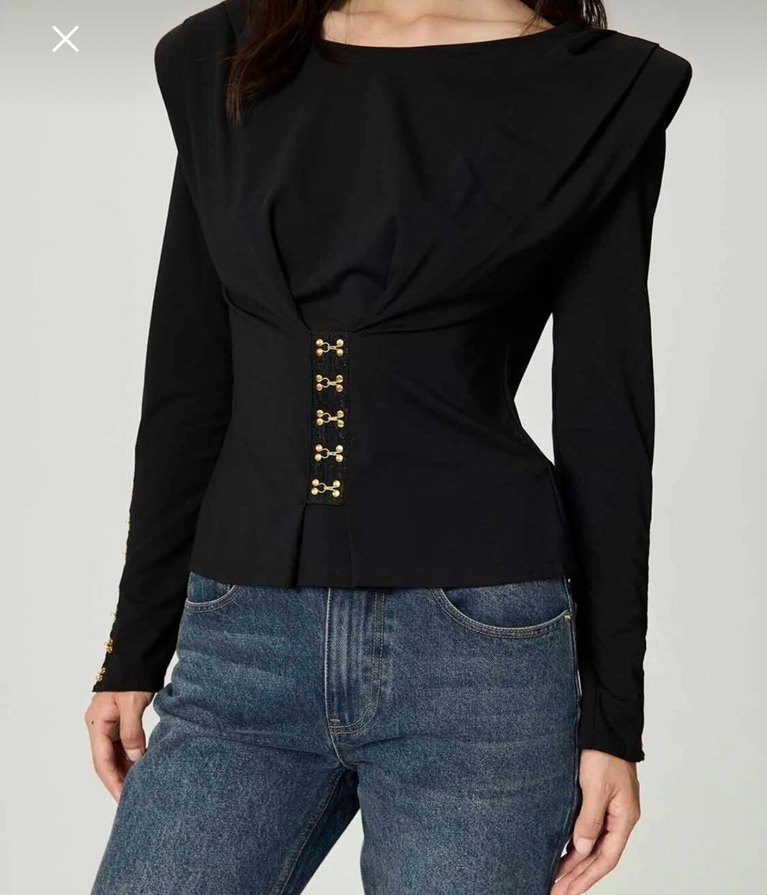 Düğmeli Siyah Denim Kadın Bluz - Görsel 4