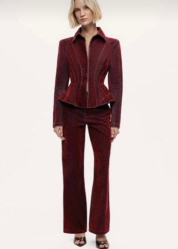 Bordo Kadın Denim Ceket Düğmeli - Görsel 2