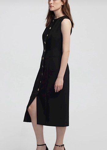 Düğmeli Siyah Uzun Kalem Elbise - Görsel 3