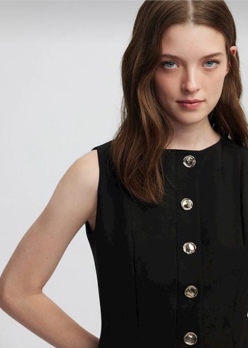 Düğmeli Siyah Uzun Kalem Elbise - Görsel 2