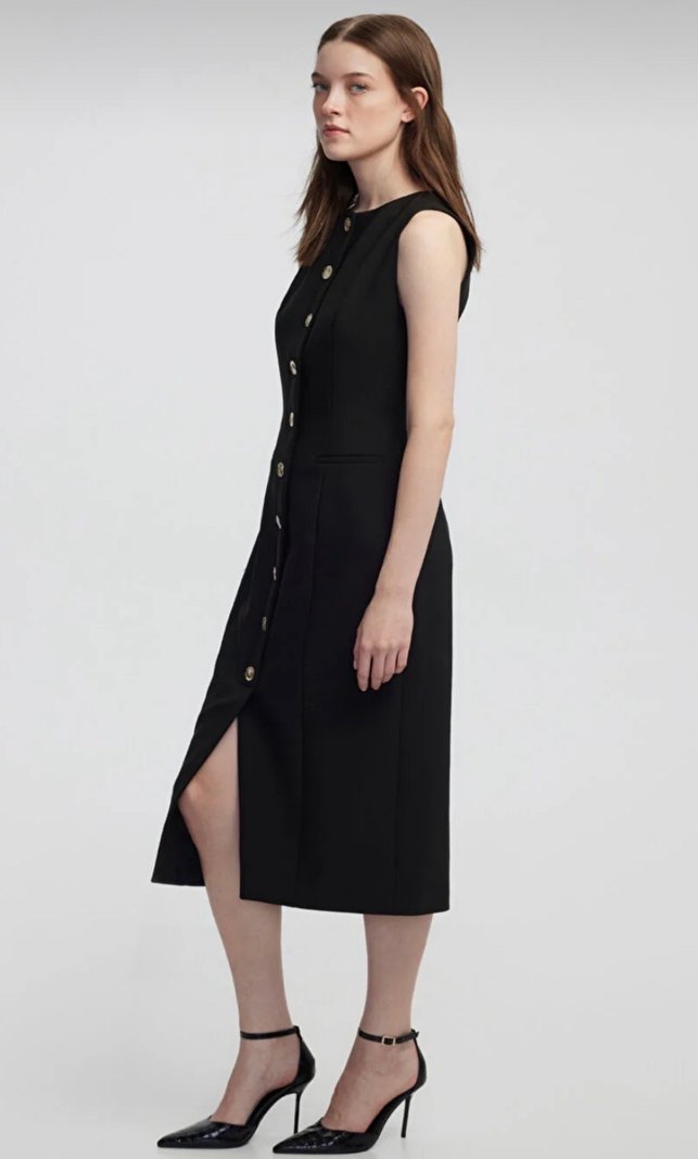 Düğmeli Siyah Uzun Kalem Elbise - Görsel 3