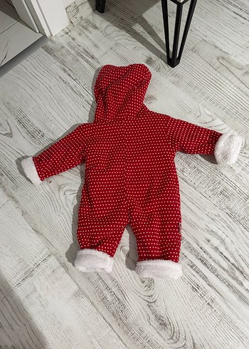 Kapüşonlu Kız Bebek Peluş Tulum Kırmızı - Görsel 3