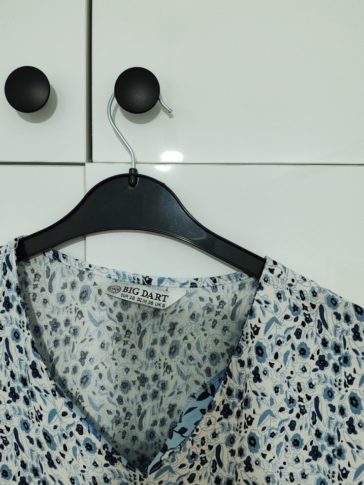 Bigdart V Yaka Gri Mavi Pilili Viskon Elbise - Görsel 2